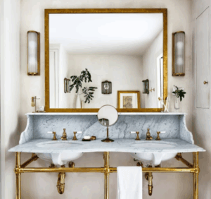 Bathroom mirror positioned above a double basin with brass fittings and gold frame