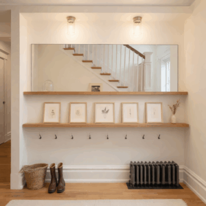 Wall mounted hallway mirror with timber shelf reflecting a staircase