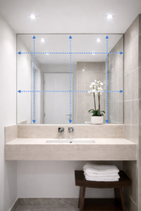 Bathroom mirror showing how to measure width and height in three places for a made to measure mirror