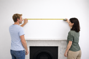 Couple measuring the width of a wall above a fireplace for a made to measure mirror