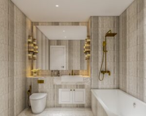 Bespoke bathroom mirror with gold fittings, marble walls and integrated lighting