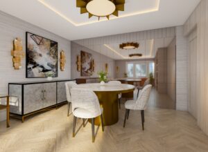 Mirrored wall panels in a modern dining room with gold accents